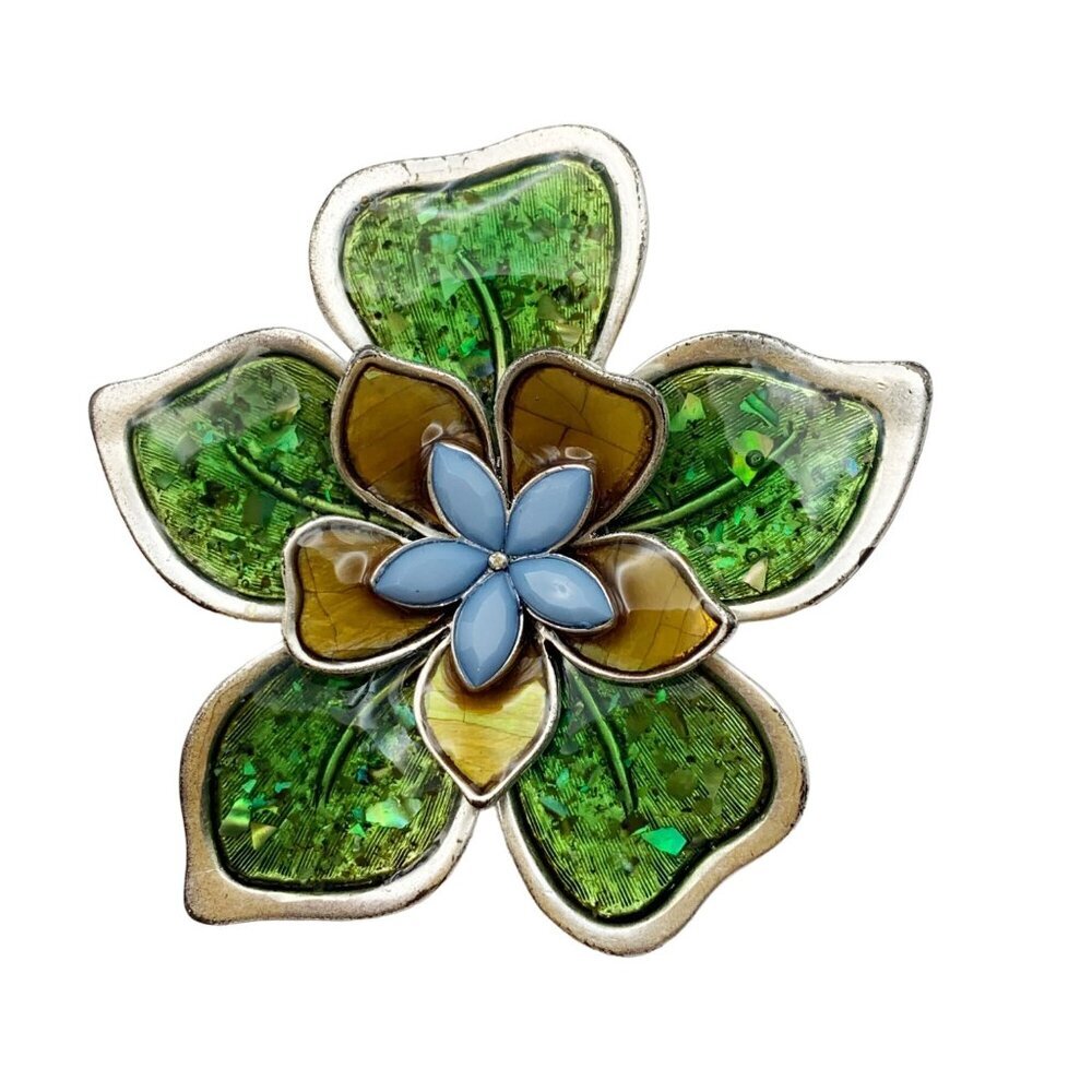 Signed LC Liz Claiborne Green Enamel Silver tone Beaded Flower Pin Brooch